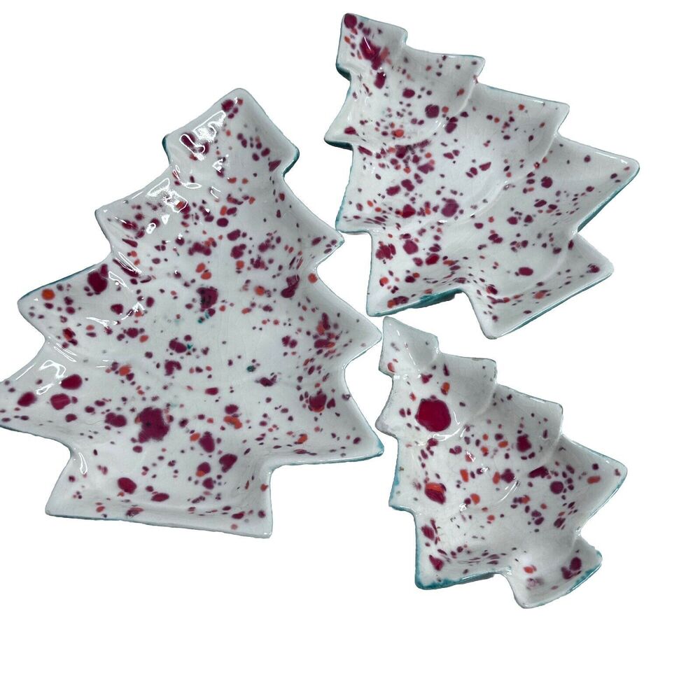 Vintage Speckle Ceramic Christmas Tree Nesting Trinket Dish Tray Set of 3 Glazed